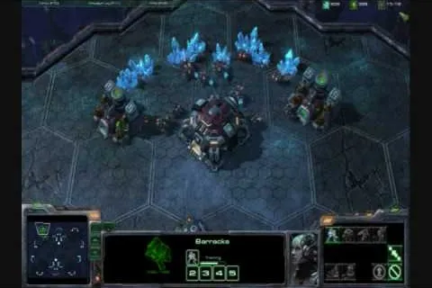 A strategic game scene featuring a base with structures and crystal resources.