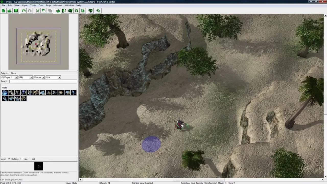 Aerial view of a digital landscape with terrain features and a unit placement interface.