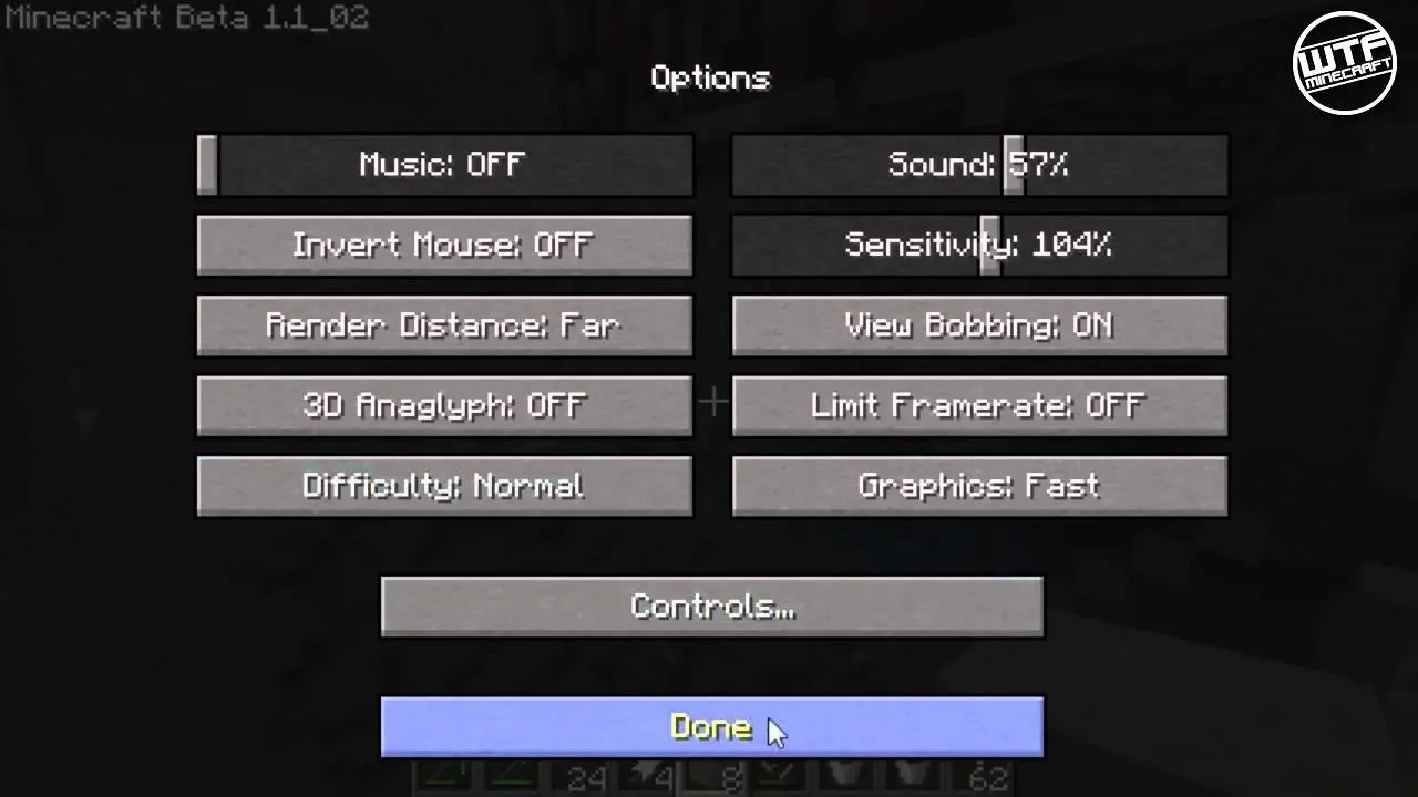 Minecraft options menu with various settings displayed.