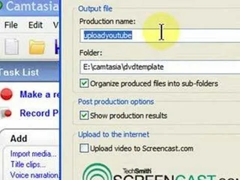 Camtasia screen recording software interface with upload options.