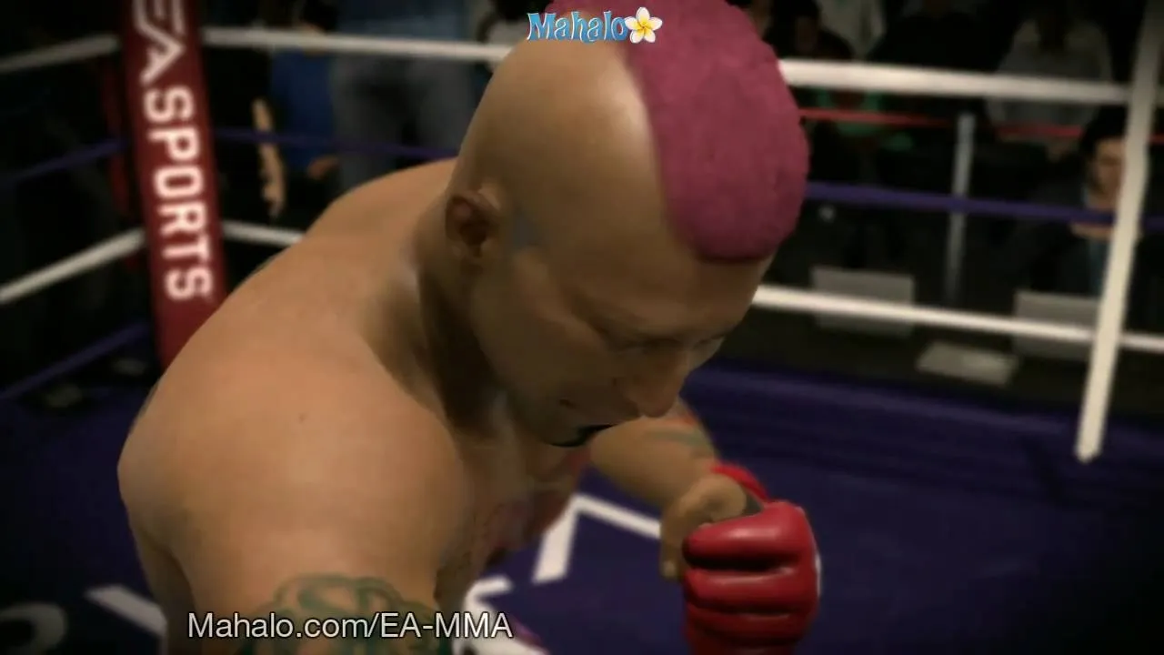 Boxer with a pink mohawk preparing for a punch in a boxing ring.