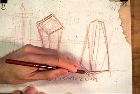 Sketch of geometric shapes with a hand holding a red pencil.
