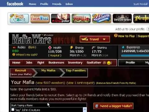 Screenshot of a Facebook game interface for "Mafia Wars," displaying user stats and gameplay options.