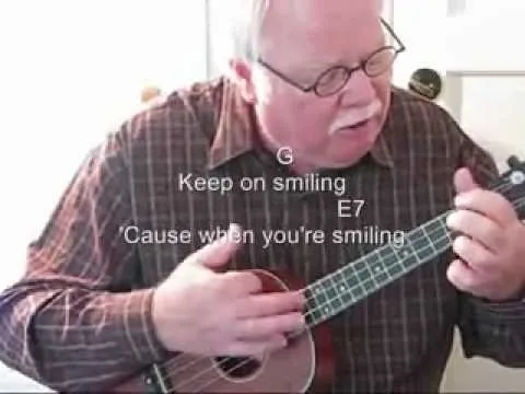 Man playing a ukulele with music chords displayed.