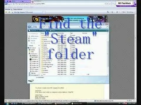 Screenshot showing instructions to locate the "Steam" folder on a computer.