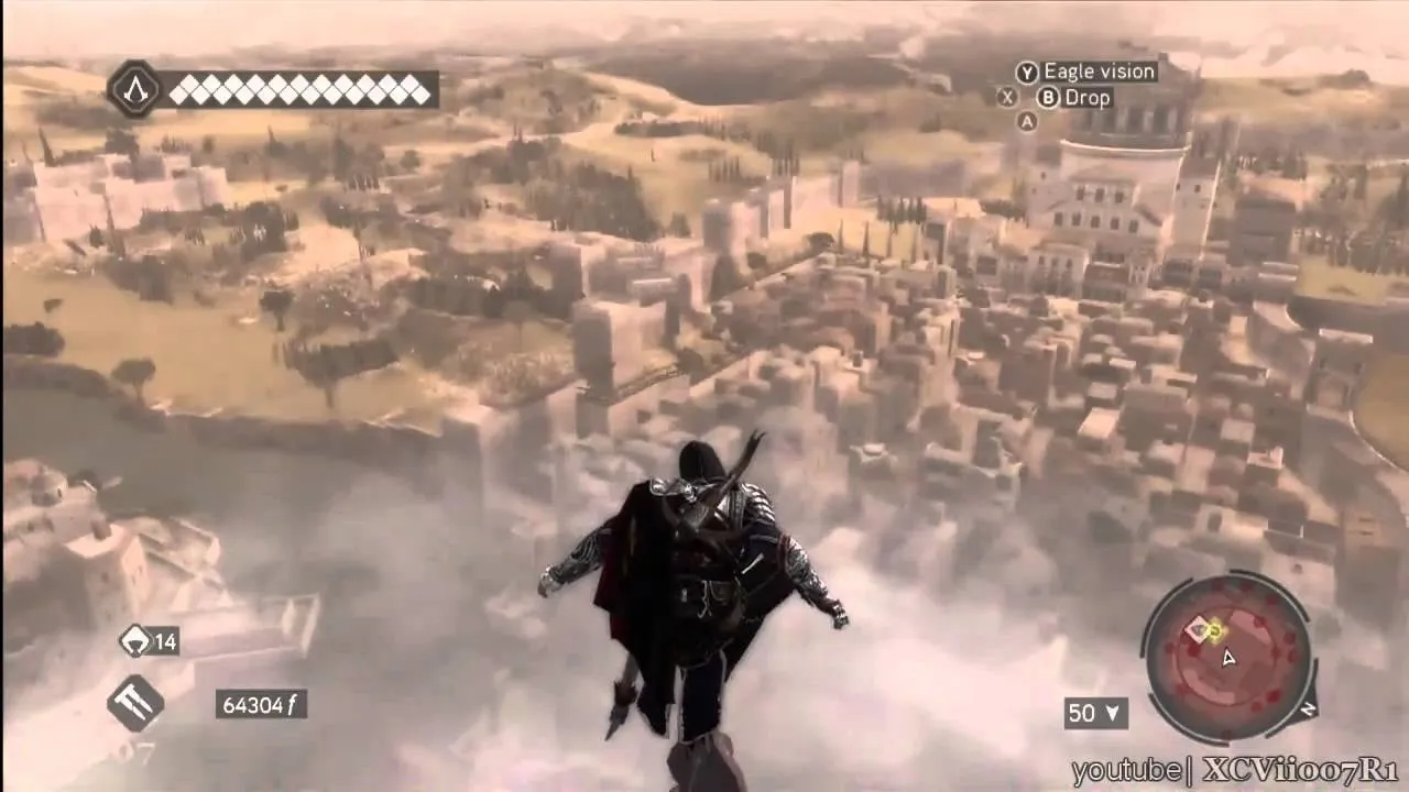 A character in a black cloak standing on a ledge overlooking a vast cityscape.