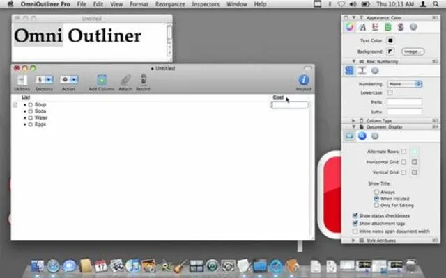 Screenshot of the OmniOutliner application interface on a Mac.