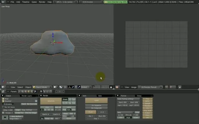 3D modeling workspace in Blender featuring a cloud shape and interface tools.