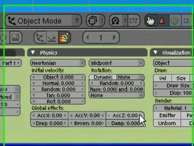 3D software interface showing physics settings for an object, including initial velocity and global effects.