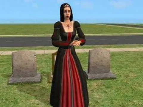 Woman in a black and red gown standing among gravestones in a cemetery.