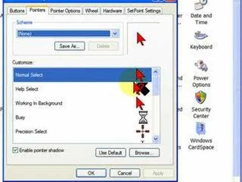 Cursor settings menu with various cursor options selected.