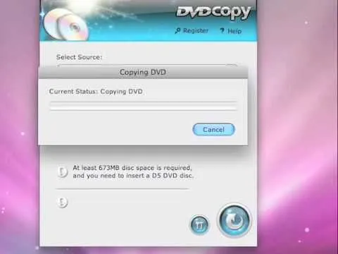 DVD copying software interface displaying the current status and progress.