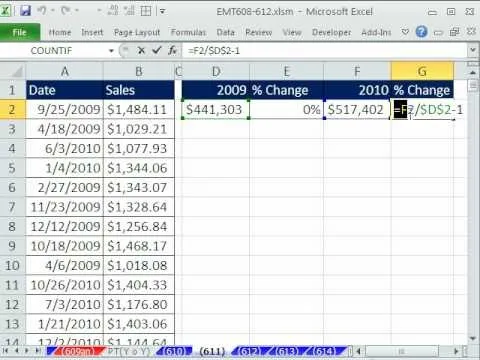 Spreadsheet displaying sales data and percentage changes for the years 2009 and 2010.