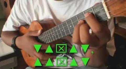 Person playing a ukulele with chord diagrams displayed.