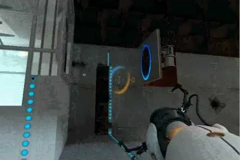 A character using a portal gun in a futuristic game environment.