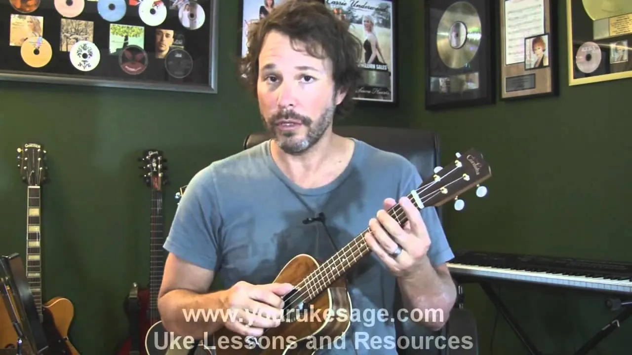 Musician playing the ukulele in a studio setting.