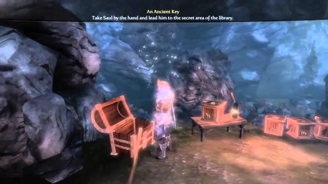 An interactive scene featuring a character in a fantasy environment, exploring treasure chests and magical elements.