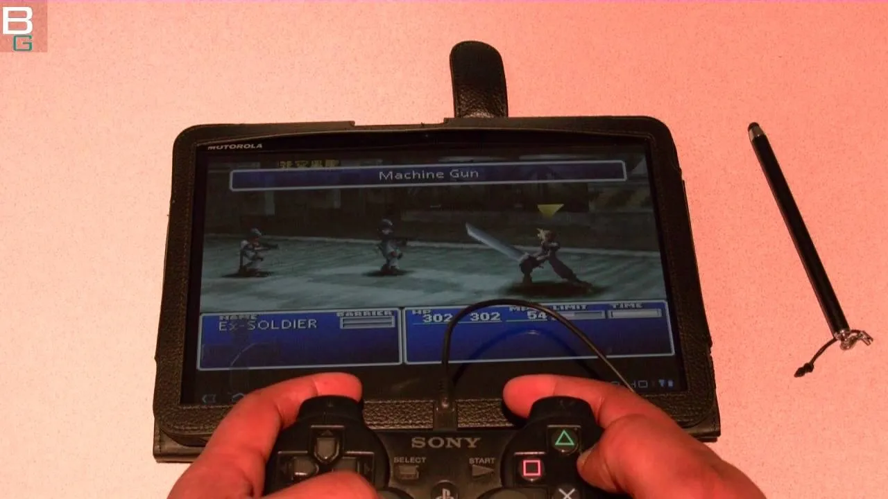 Gaming console with controller displaying an action game on screen.