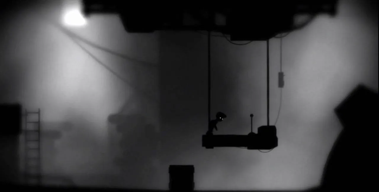 Silhouette of a character navigating a dark, atmospheric environment with platforms and shadowy objects.