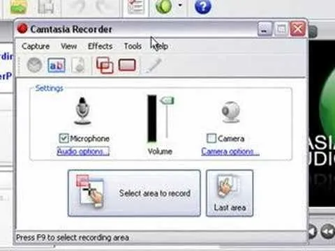 Camtasia Recorder interface with microphone, volume, and camera options.