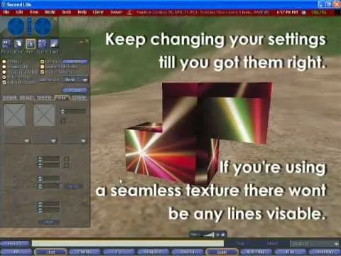 3D rendering interface with colorful geometric shapes and text instructions on adjusting settings.