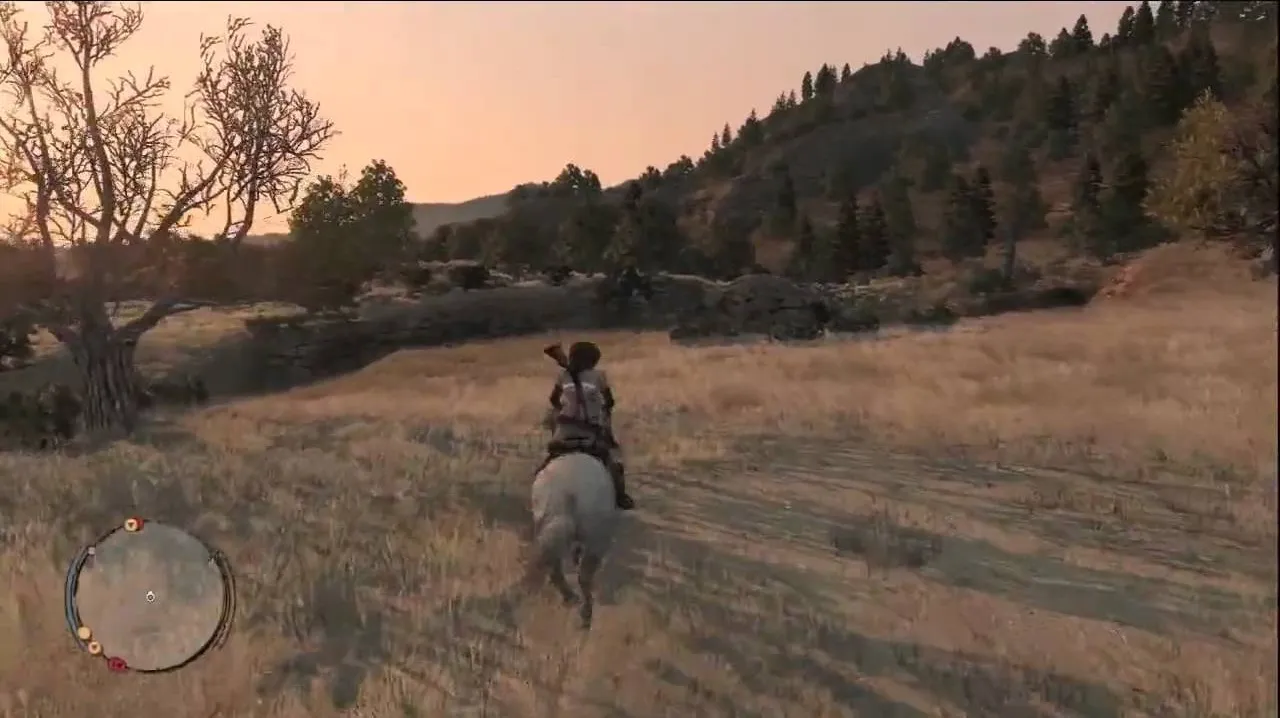 Person riding a horse through a grassy landscape at sunset.
