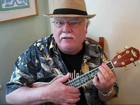 Man playing a ukulele while wearing a hat and a patterned shirt.