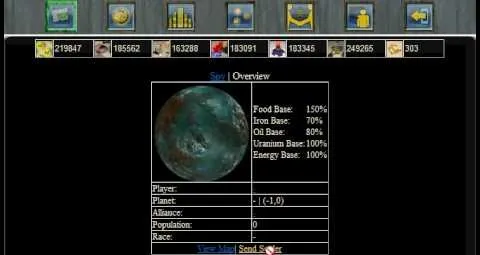 Game interface showing an overview of a planet with resource statistics.