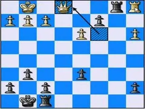 Chessboard with a queen capturing a piece on a blue and white grid.