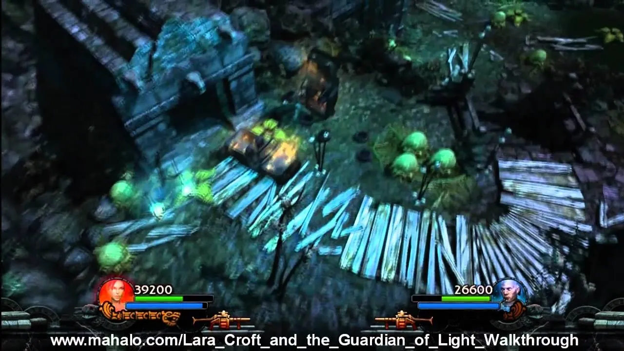 A screenshot from a video game featuring characters navigating a dark, mystical landscape with glowing elements.