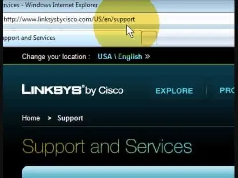 Linksys support page on a web browser.