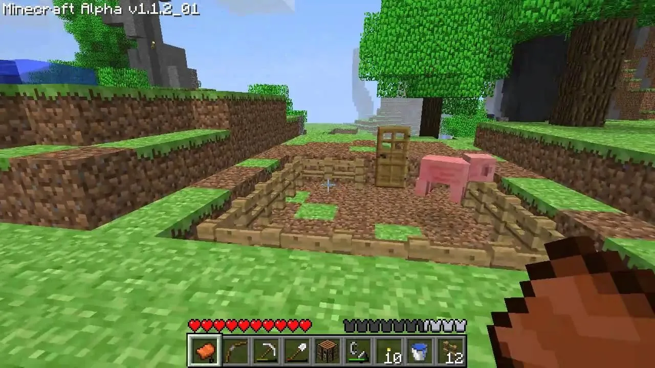 A simple farm with a pig, surrounded by dirt paths and grassy terrain in a blocky landscape.