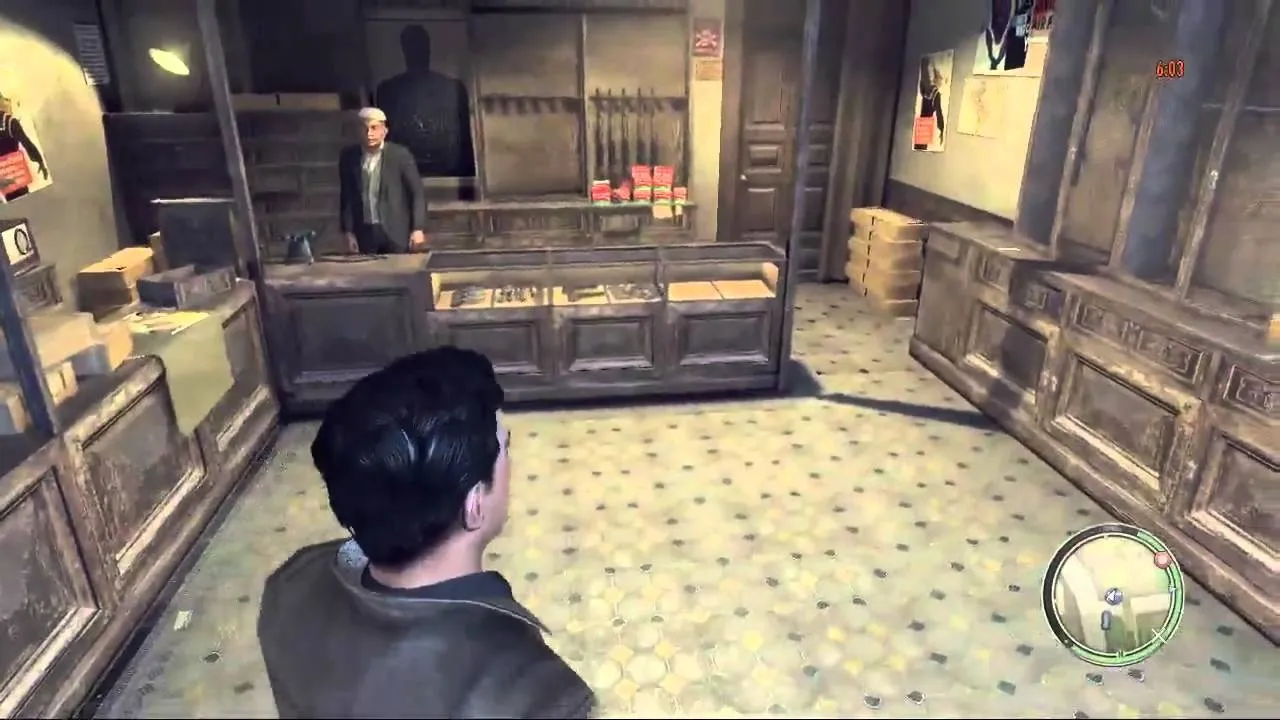 A vintage shop interior with a customer and shopkeeper.