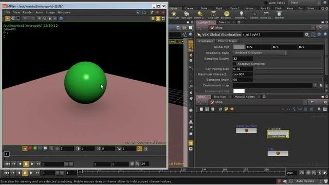 3D rendering software interface displaying a green sphere on a surface.