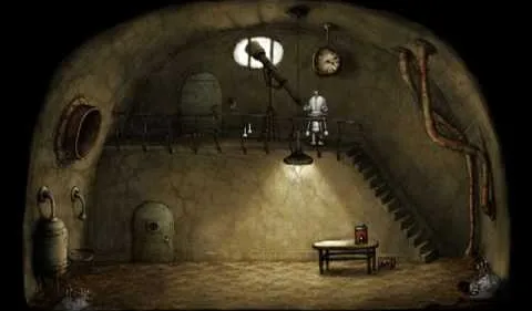 A dimly lit, rustic interior of an old cellar with a table, a clock, and stairs.