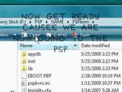 Image of a computer screen displaying a file explorer with folders related to a PSP game. Text overlay reads: "NOW GET READY CAUSE WE ARE MAKING THE PSP."