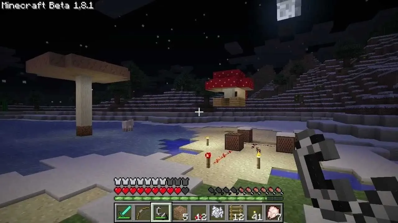 Minecraft scene at night featuring a large mushroom and a player near a lit campsite.