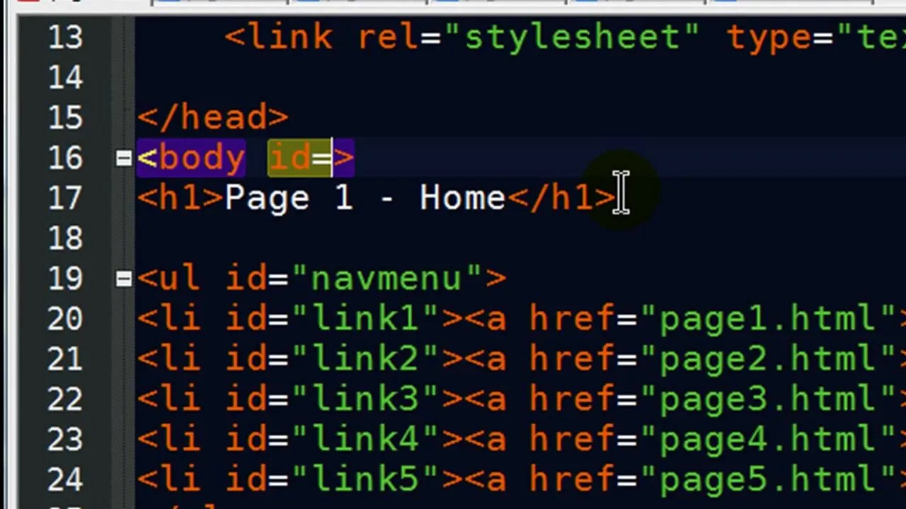 HTML code snippet showcasing a webpage structure with navigation links.