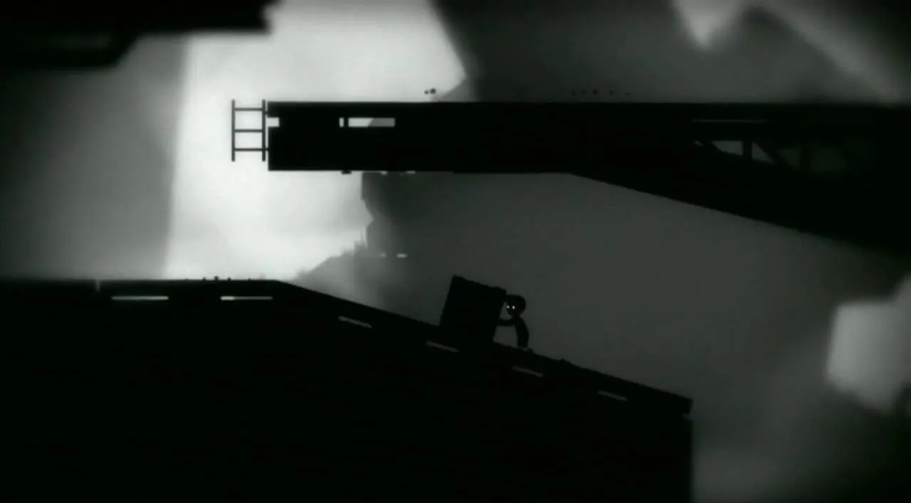 A silhouette of a character navigating a dark, abstract landscape with platforms.