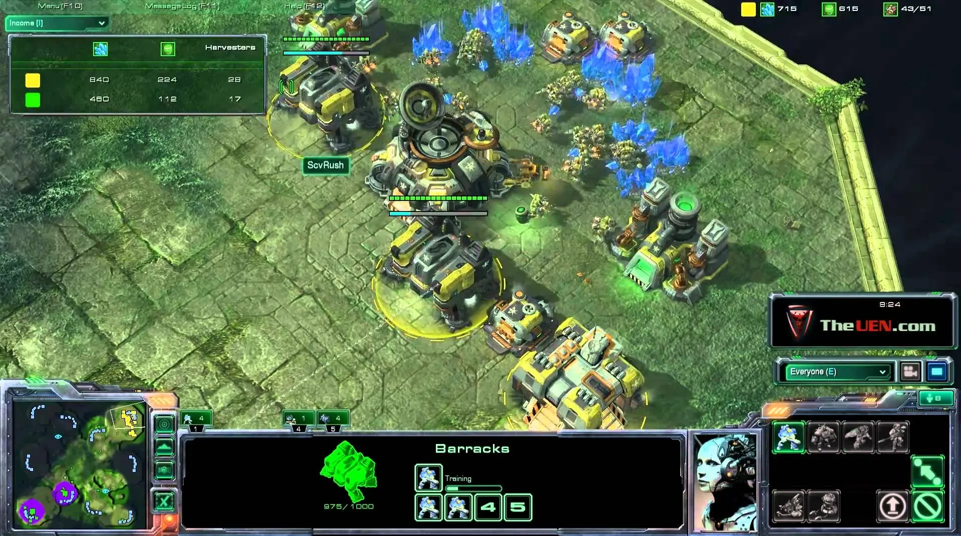 Gameplay screenshot of a strategy video game featuring base building and unit management.