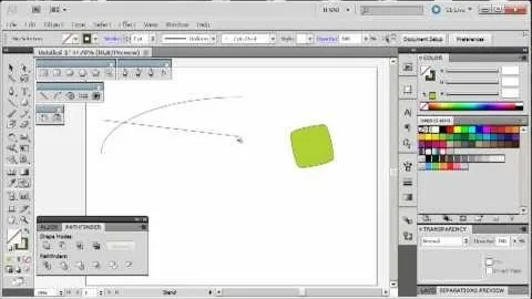 Digital illustration workspace in Adobe Illustrator featuring a green square and a curved line.