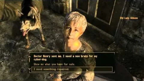 A character interacting with a dog in a video game setting.