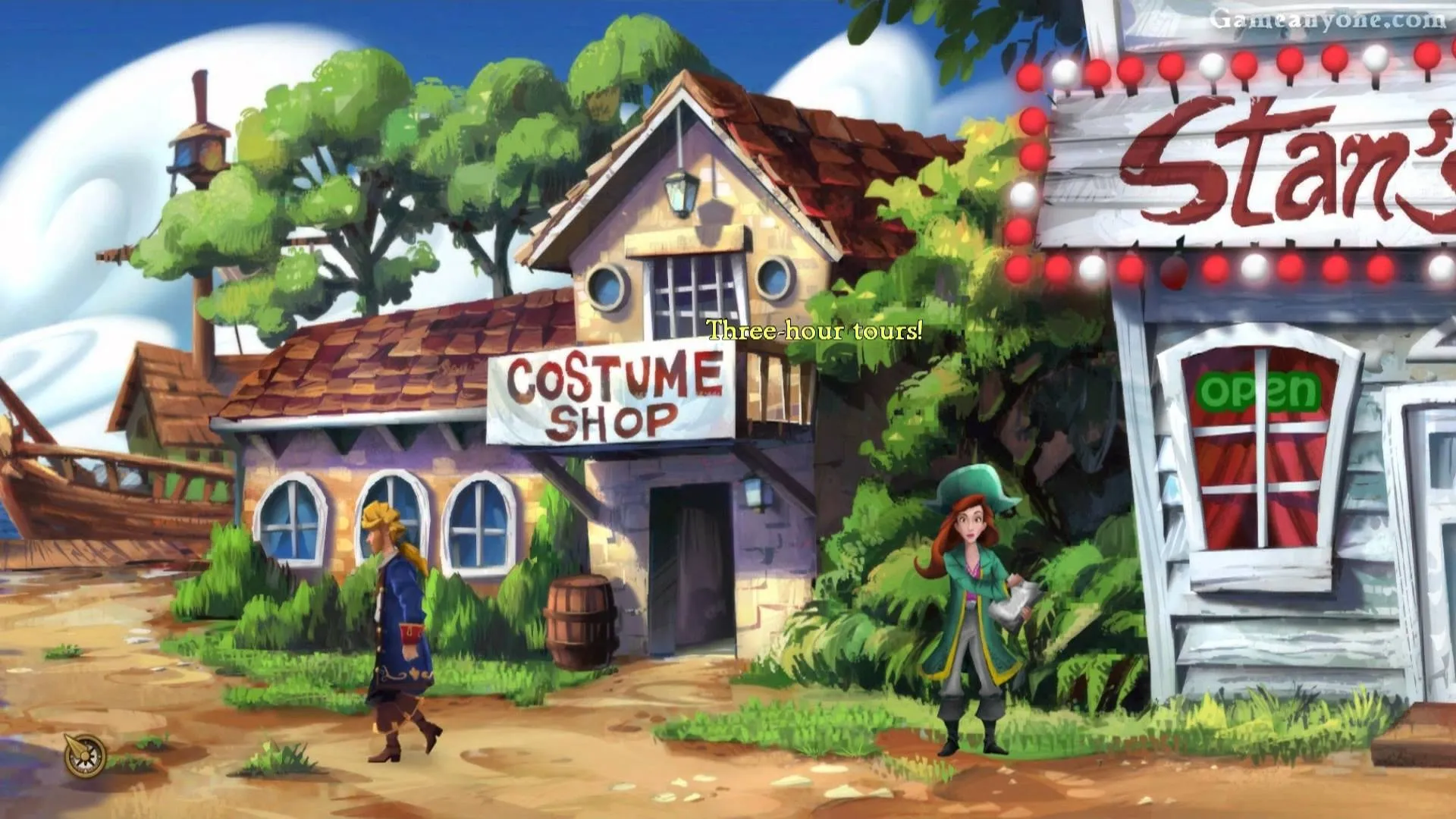 Costume shop exterior with a character walking by in a whimsical landscape.