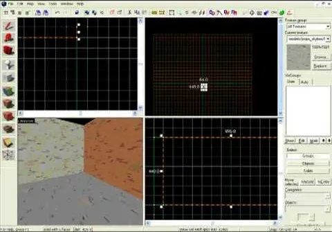3D modeling software interface with multiple views of a grid layout.