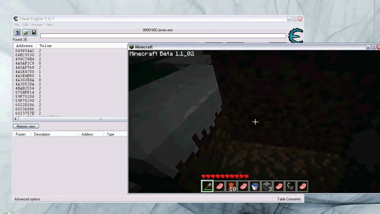 Minecraft Beta gameplay displayed on a computer screen.