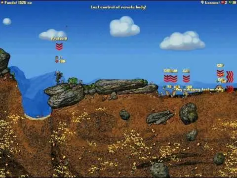 A colorful landscape from a video game featuring cartoonish characters and a blue sky with clouds.