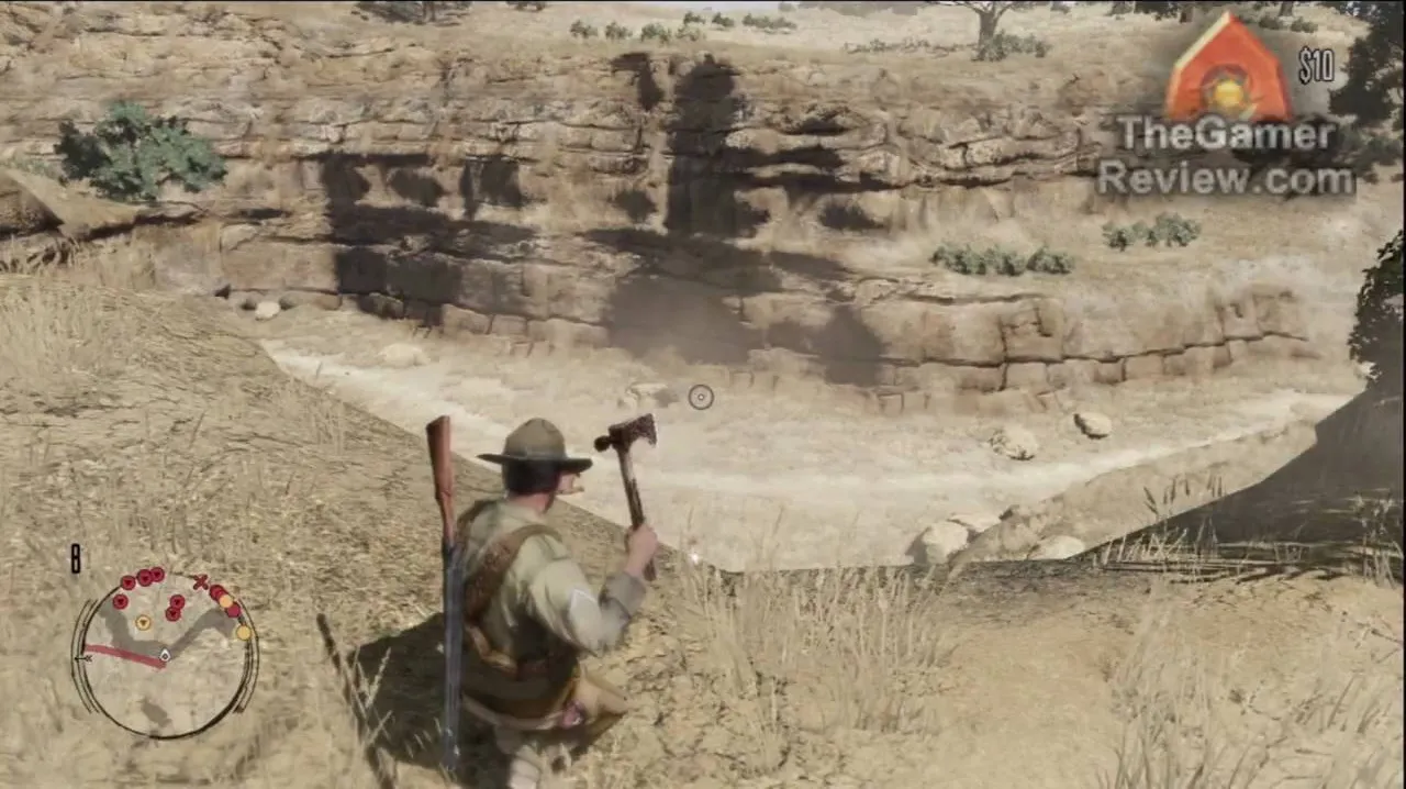 A character wielding a hatchet in a rugged, outdoor environment.