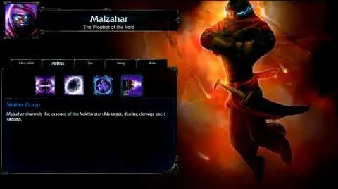 Malzahar, the Prophet of the Void, showcasing abilities and character design in a fantasy game setting.