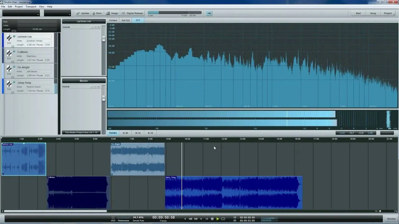 Audio editing software interface displaying waveforms and audio tracks.