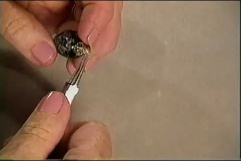 A person holding a small rock specimen with tweezers.